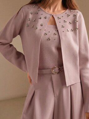 Pink Elegant Women's Beaded Round Neck Cardigan